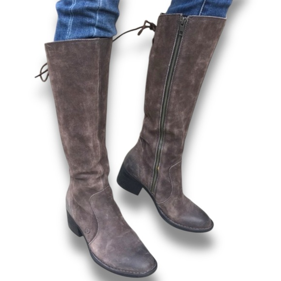 Born Felicia Distressed Gray Suede Stacked Heel Knee-High Boots Size 8.5 - Picture 1 of 13